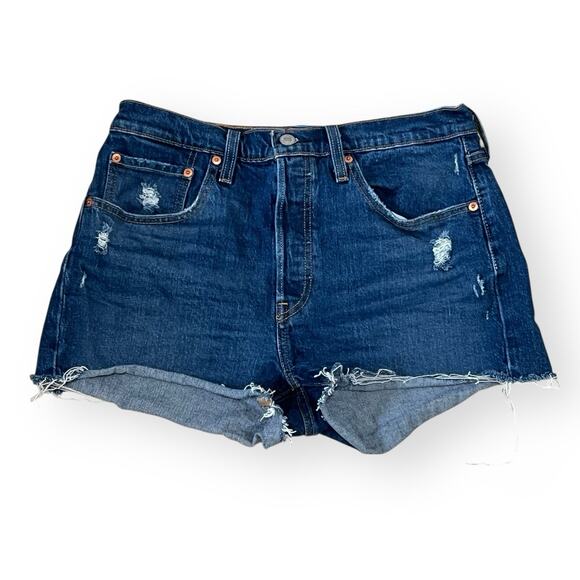 Levi's 501 High Rise Dark Wash Cut-Off Denim Shorts Distressed Womens Size 30 - Picture 1 of 9